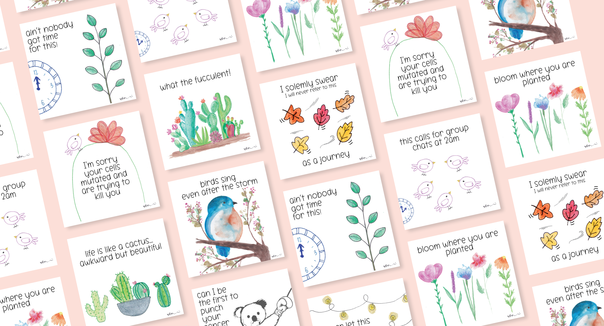 a mockup of many greeting cards on a pink background