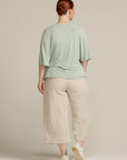 Back view plus size woman in sage green top with ruffle detail