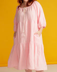 Close up pink linen adaptive dress for cancer treatment