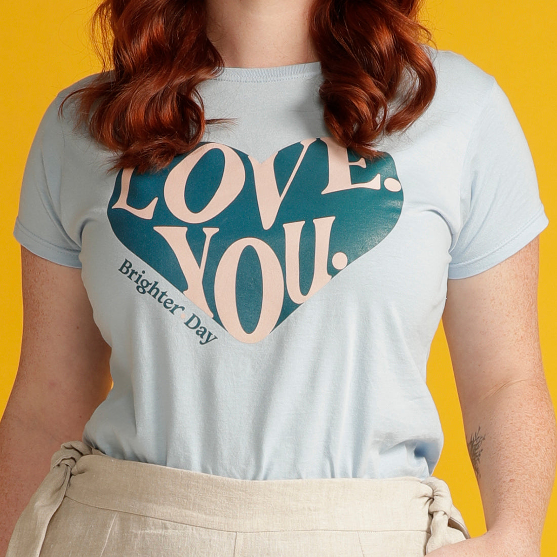 Close up of LOVE YOU blue tee