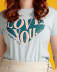 Close up of LOVE YOU blue tee