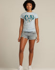 Curly haired woman wears blue LOVE YOU tee