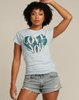 Curly haired woman wears blue LOVE YOU fitted tee shirt