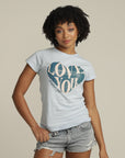 Close up of curly haired woman wearing blue LOVE YOU t-shirt