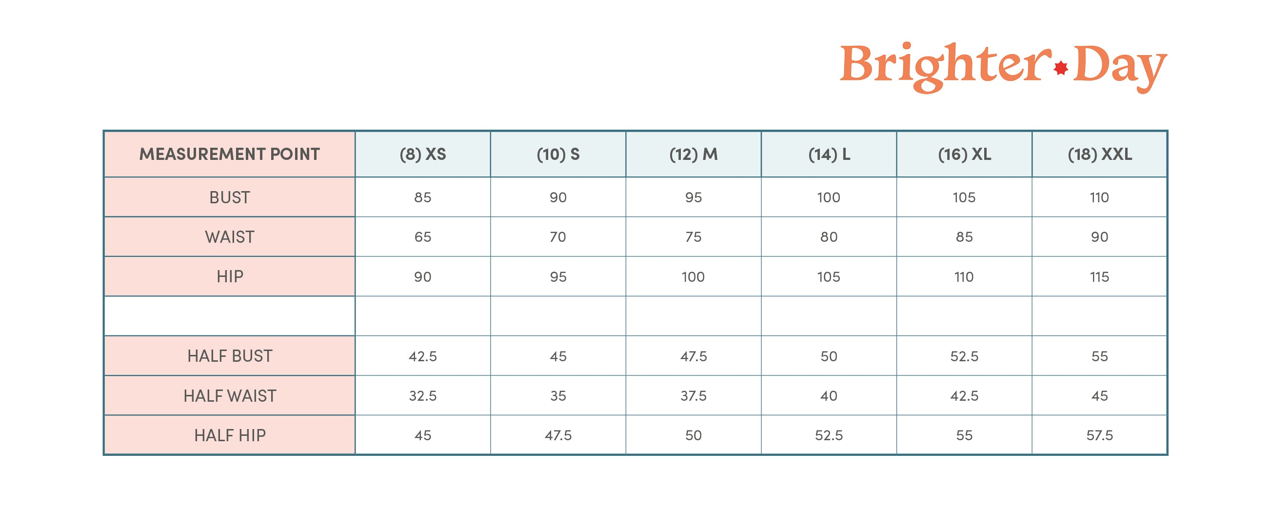 Brighter Day Size Chart