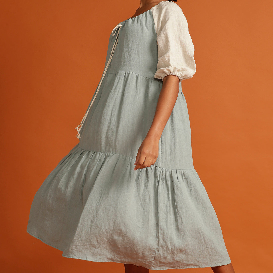 Tiered sage and natural linen dress