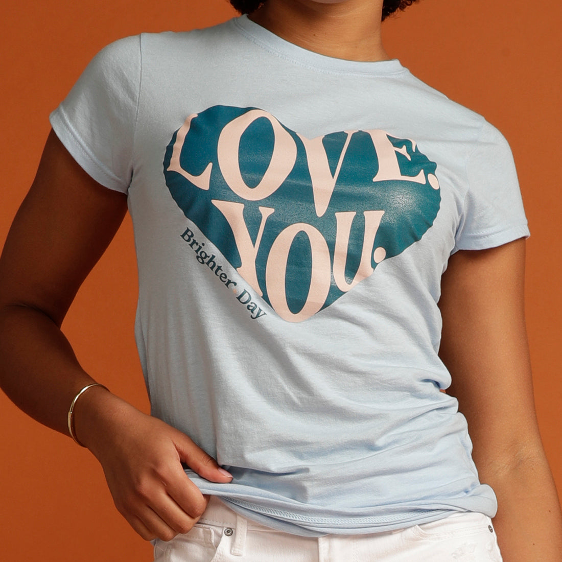 Close up blue Love You Brighter Day tee